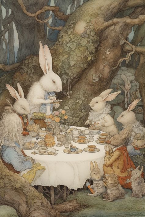 Forest Tea Party Illustration, Old Fairytale Illustration, Animals In Garden, Vintage Rabbit Illustration, Rabbit Art Illustration, Animal Tea Party, Rabbit Tea Party, Fairy Rabbit, Cottagecore Prints