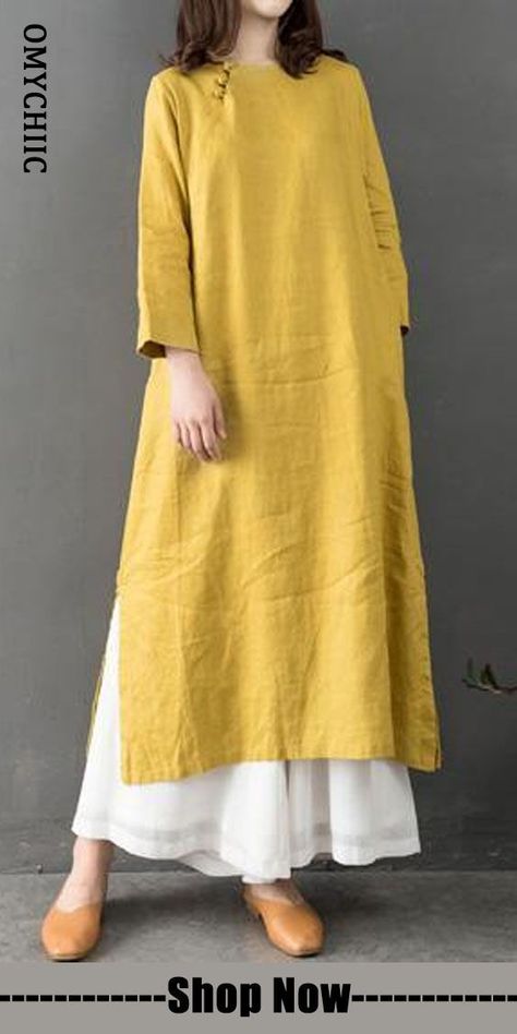 Elegant O Neck Linen Clothes Fabrics Yellow Dress Materials used: linen Measurement: One size fits all for this item. Please make sure your size doesn't exceed this size: 4XL/BUST-125cm length 116cm / 45.24" Shoulder 42cm / 16.38" Sleeve length 50cm / 19.5" hem 148cm / 57.72" bust 108cm / 42.12" Funny Dresses, Mode Kimono, Salwar Kamiz, Hijab Styles, Linen Fashion, Linnet, Kurta Designs, Indian Designer Wear, Linen Clothes