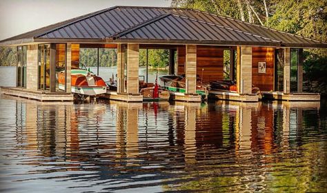 Boathouse Architecture, Pond Docks, Lake Docks, Boathouse Design, Dock Ideas, Boat Garage, Diy Roofing, Basement Garage, Lake Dock