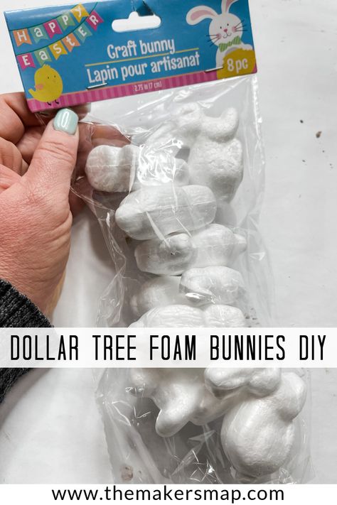 Turn Dollar Tree foam bunnies into adorable DIY Easter decor! Dollar Tree Foam Bunnies, Diy Easter Tree Decorations, Styrofoam Bunny Craft, Diy Dollar Tree Easter Decor, Dollar Tree Diy Easter Crafts, Bunny Wreath Dollar Tree, Easter Crafts To Sell Gift Ideas, Dollar Tree Easter Crafts 2023, Easter Dollar Tree Crafts