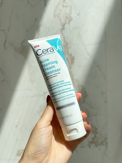 Acne Foaming Cream Cleanser Cerave, Cerave Cream Cleanser, Cera Ve Benzoyl Peroxide, Cerave Cleanser For Acne Prone Skin, Cera Ve Foaming Cleanser Acne, Cera Ve Cleanser Acne, Cerave Aestethic, Best Cream For Acne, Korean Cleanser