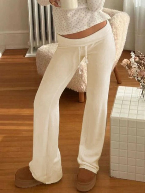 Solid Turned Waist Tie Up Flare Leg Pants - AnotherChill Loose Comfy Pants, Low Rise Pajama Pants, Comfy Trousers Outfit, Copenhagen Style Pants, Cute Lounge Pants, Cute Bottoms For Women, Aesthetic Clothes To Buy, Sweat Pants Aesthetic, Latina Pants