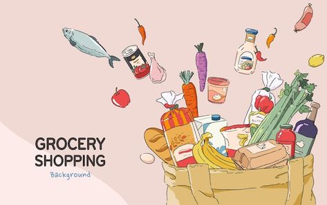 Grocery Shopping Illustration, Grocery Store Illustration, Grocery Illustration, Food Waste Project, Salad Shop, Vector Illustration Character, Concept Background, Online Grocery Store, Bag Illustration