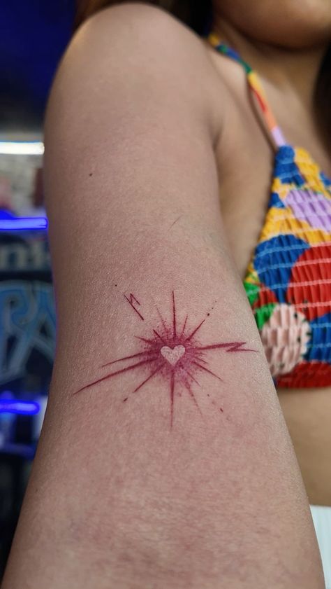 Faded Red Tattoo, Red Tattoos Ideas, Arcane Tattoo Ideas, Explosion Tattoo, Arcane Tattoo, Pink Tattoo Ink, Arm Cuff Tattoo, Birthmark Tattoo, Y2k Tattoo Ideas