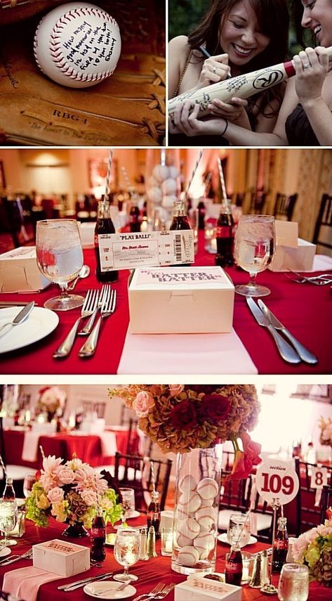 Baseball Theme Weddings | | TopWeddingSites.com Baseball Theme Wedding, Baseball Centerpieces, Baseball Centerpiece, Baseball Banquet, Centerpiece Birthday, Sports Themed Wedding, Baseball Ideas, Baseball Wedding, Baseball Theme Party