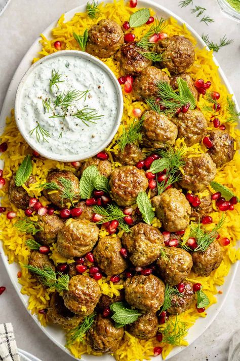 One-Pan Lamb Meatballs and Saffron Rice with Herby-Yogurt Sauce The Defined Dish, Defined Dish, Lamb Ragu, Saffron Rice, Lamb Meatballs, Diner Recept, Ground Lamb, Eastern Cuisine, Moroccan Food