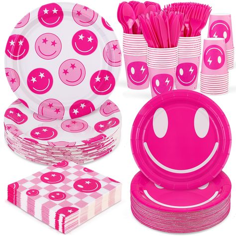 PRICES MAY VARY. Ample quantity: the preppy smiley face party supplies set includes everything you need for a party of 50 guests, including 50 pieces of 7-inch preppy party dessert plates, 50 pieces of 9-inch preppy party dinner plates, 50 pieces of 9 oz preppy party paper cups, 50 sheets of preppy party napkins, and 50 sets of preppy party cutlery, in a total of 350 pieces Delightful pink preppy smiley face birthday decorations: our preppy birthday party supplies feature a stunning combination Preppy Birthday Decorations, Preppy Party Decorations, Smiley Face Birthday Party, Preppy Smiley Face, Smiley Face Birthday, Preppy Birthday, Pink Smiley, Preppy Party, Y2k Girl