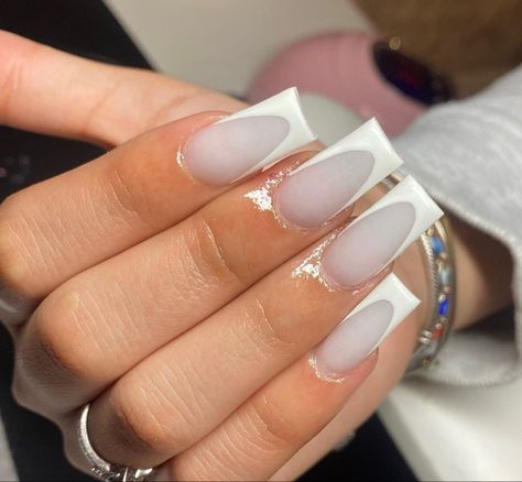 French Tip Nails Different Shapes, Milky White French Tip Nails Acrylic, Creamy White French Tip Nails, Milky White French Tip Nails Square, Soft White Nails With Designs, White Nails With White French Tip, White On White Nails French, Milky White Winter Nails, Milk White Acrylic Nails With Design