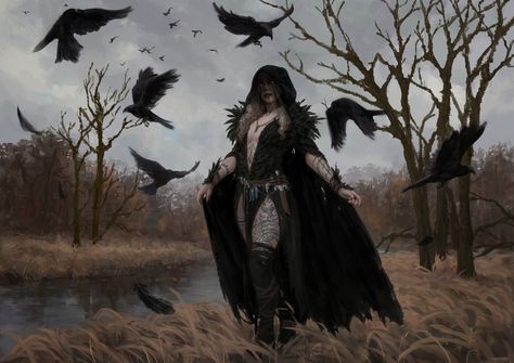 Witch Art, Fantasy Concept Art, Fantasy Inspiration, Illustration Character Design, Medieval Fantasy, Crows, Fantasy Artwork, Character Portraits, Dark Fantasy Art