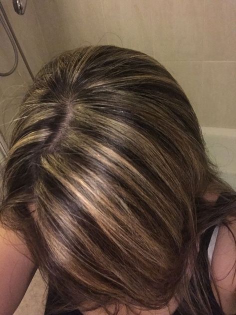 Dark Brown With Golden Highlights, Striped Highlights Hair Dark Brown, Chunky Highlights For Brown Hair Caramel, Mini Highlights, Highlights On Short Hair, Streaky Highlights, Skunk Highlights, Highlights Brown Hair Short, Brown Hair Inspo