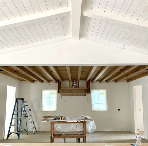 Bedroom Wood Beams Ceiling, Vaulted Ceiling To Flat Ceiling Transition, Vaulted Ceiling Millwork, Flat Vaulted Ceiling, Pine Ceilings Vaulted, Ridge Beam Vaulted Ceiling, Single Beam In Vaulted Ceiling, Raw Pine Ceiling, Exposed Lvl Beam