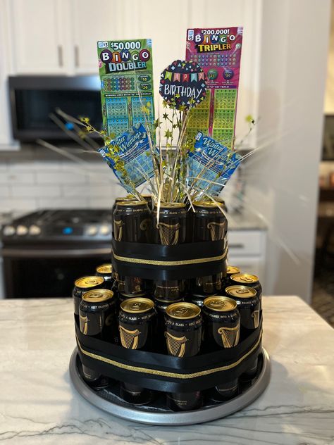 Birthday Beer Cake Ideas For Men, Guinness Beer Cake, Guinness Birthday Cake, Beer Can Birthday Cake, Beer Can Cake Tower, Beer Present Ideas, Guinness Birthday, Beer Cakes For Men, Diy Beer Cake