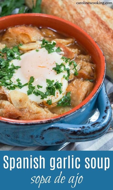 This garlic soup may not have many ingredients, but Spanish sopa de ajo is packed with flavor and warmth. It's easy to make, rustic and comforting. Just what you need on a cold day. Plus it's a great… More Sopa Recipe, Week Before Easter, Spanish Soup, Easy Spanish Recipes, Soups Recipes, Chicory Recipe, Bread Soup, Fantastic Recipes, Comforting Soup