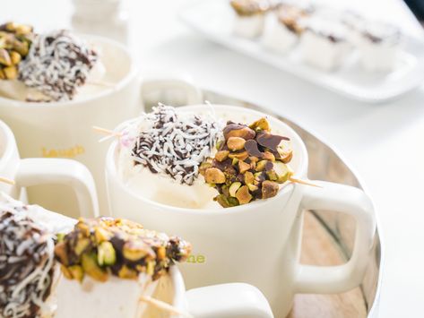 Cardamom White Hot Chocolate with Pistachio and Coconut Dipped Marshmallows Marshmallow Drink, Bacon Grilled Cheese Sandwich, Dipped Marshmallows, White Hot Chocolate Recipe, Trisha Yearwood Recipes, Bacon Grilled Cheese, Marshmallow Dip, Chocolate Covered Marshmallows, Lazy Saturday