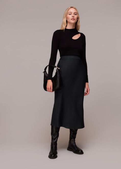 Buy Black Taylor Bias Cut Skirt  | WHISTLES whistles.com. A timeless shape skirt in a classic black, the Taylor skirt will be the new addition to your capsule wardrobe. Mid Black Skirt Outfit, Split Hem Skirt, Black Skirt Outfits, Black Pleated Mini Skirt, Crinkle Skirt, Leather Trend, Bias Cut Skirt, Black Tube, Wool Mini Skirt