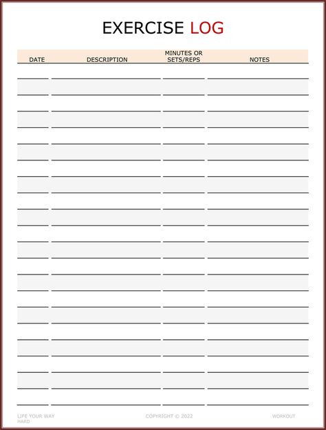 Exercise Log Sheet Exercise Log Template, Workout Log Printable, Workout Logs, Everyday Exercise, Exercise Log, Fitness Planner Free, Record Chart, Printable Workout, Fitness Planner Printable