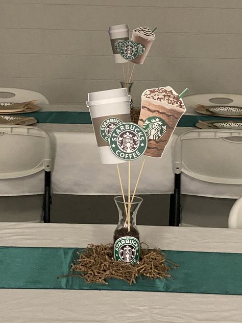 Starbucks Table Decorations, Starbucks Centerpiece, Starbucks Birthday Party Centerpieces, Starbucks Theme Party Ideas, Starbucks Bday Party Ideas, Starbucks Birthday Party Decorations, Starbucks Themed Birthday Party, Starbucks Birthday Backdrop, Starbucks Party Ideas For Teens