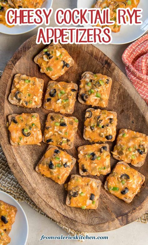 This vintage recipe for Cheesy Cocktail Rye Appetizers is a classic party snack that will never go out of style! Mix up the cheese and olive spread in advance and these warm, melted cheese snacks will take just minutes to prepare. Rye Cocktails, Olive Appetizer, Rye Toast, Olive Spread, Crisp Bread, Antipasto Platter, Chicken Appetizers, Mini Bites, Cheese Snacks