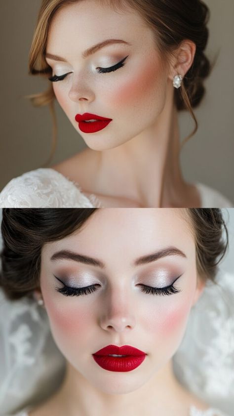 Bridal Make Up Red Lip, White Christmas Makeup Ideas, Bridal Makeup For Brown Eyes Winter, Winter Wedding Makeup Looks, Unique Bridal Makeup, Red Lip Makeup Look Glam, Bridal Makeup With Red Lips, Winter Bride Makeup, Holiday Makeup Looks Christmas Classy