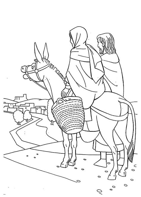 Mary Joseph Donkey Coloring Page Baby Jesus Craft, Christian Drawings, Sunday School Coloring Pages, Shark Coloring Pages, Christmas Program, Bible Pictures, Church Banners, Bible Coloring, The Donkey