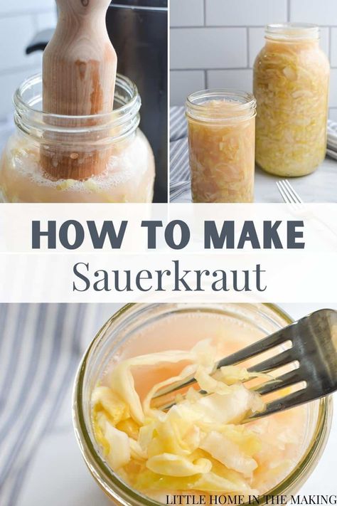 Make your very own homemade sauerkraut with this easy, 2 ingredient recipe. Making sauerkraut in a crock a simple, foolproof way to make this homemade fermented food, but you can totally use a mason jar instead! This traditional food has been consumed for thousands of years and is the perfect way to preserve cabbage for the Fall and Winter. Whether you’re new to fermentation or an expert, you’ll find this recipe easy to follow and the results delicious. Jalapeño Sauerkraut, Pickled Items, Fermented Recipes, Fermenting Foods, Make Sauerkraut, Making Sauerkraut, Sauerkraut Recipe, Freezing Food, Homemade Sauerkraut