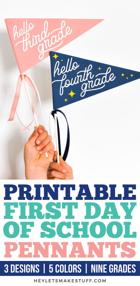 Mark the beginning of a new school year with these cute First Day of School pennants! These free printable school flags come in three styles and five colors to match any first day of school outfit! First School Day Gift, Back To School Pennants Free Printable, First Day Of School Flags, Back To School Printables Free First Day, First Day Of School Flag Printable Free, Back To School Banner Free Printable, Free First Day Of School Printables, First Day Of School Sign Printable Free, Free School Fonts