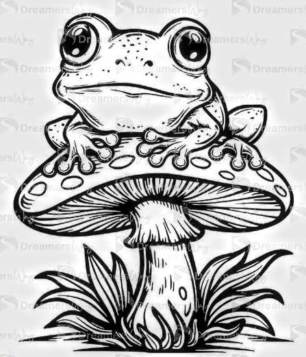 Frog On A Mushroom, Frog On Mushroom, Frog Sketch, Mushroom Drawing, Frog Drawing, Tattoo Style Drawings, Sketch Ideas, Cartoon Drawing, Drawing Lessons