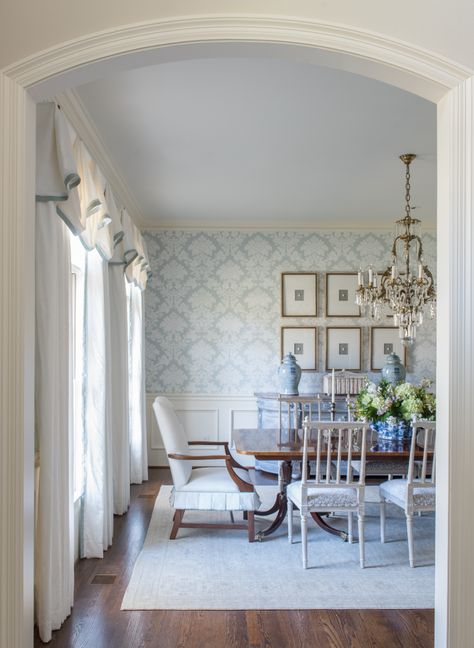 Dining room wallpaper ideas: 11 ways to decorate for drama | Homes & Gardens Dining Room With Wallpaper Above Chair Rail, Traditional Wallpaper Dining Room, Classic Dining Room Wallpaper, Dining Room Wallpapers, Wallpaper In Dining Room With Chair Rail, Painted Trim Dining Room, Wallpaper With Wainscoting Dining Room, Southern Dining Room Wallpaper, Subtle Dining Room Wallpaper