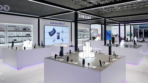 Samsung Store Design, Electronic Showroom Interior Design, Samsung Retail Store Design, Electronic Store Design Retail Displays, Samsung Exhibition, Sunglasses Mall Kiosk, Samsung Store, Retail Store Interior Design, Phone Shop