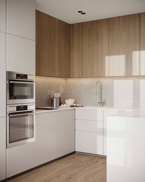 Kitchen Inspirations Minimalist, Light Wood Kitchen Cabinets Modern, Modern Minimalist Kitchen, Minimalist Kitchen Design, Modern Kitchen Interiors, White Kitchen Design, Kitchen Design Plans, House Design Kitchen, Kitchen Room Design