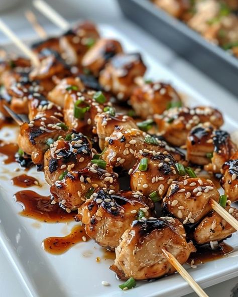 Skip the takeout! These skewers will satisfy your craving! Sesame Ginger Steak Skewers, Ground Chicken Skewers Grilled, Paleo Chicken Skewers, Garlic Park Chicken Scewers, Mediterranean Kabobs Chicken Skewers, Teriyaki Skewers, Teriyaki Chicken Skewers, Kabob Skewers, Chicken Steak