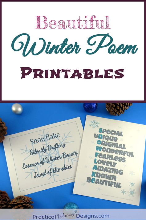 Need some easy winter decor? These snowflake poems are a beautiful addition to your winter decorations. Grab these free winter printables from practicalwhimsydesigns.com | #printables #winterpoems #winterdecor Snowflake Poem, Free Winter Printables, Winter Printables Free, Easy Winter Decorations, Fixer Upper Diy, Flower Snowflake, Winter Printables, Winter Poems, Diy Home Accessories