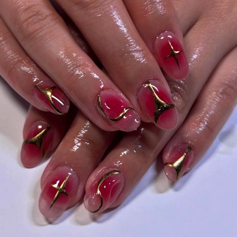 the classic jelly blush gold chrome Aura Nails With Gold Chrome, Red Aura Nails With Gold, Nail Art Designs With Chrome, Jelly Nails With Chrome, Aura Nails With Gold, Red And Gold Chrome Nails, Chrome Effect Nails, Red Aura, Gold Chrome Nails