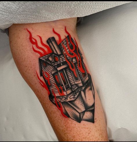 Burning House Tattoo, Red Tattoos For Women, Tattoos For Women Leg, Black And Red Tattoo, House Tattoo, Burning House, Red Tattoo, Fire Tattoo, Creepy Tattoos