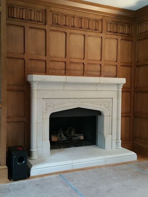 Tudor Library Quartersawn Oak Paneling Detail with Tudor Fireplace and Hidden TV Cabinet PANELING 2/3 COMMON Tudor Fireplace Makeover, Tudor Mudroom, Tudor Library, Tudor Paneling, Tudor Interior Design, Tudor Tile, Paneled Fireplace, Tudor Fireplace, Tudor Interior