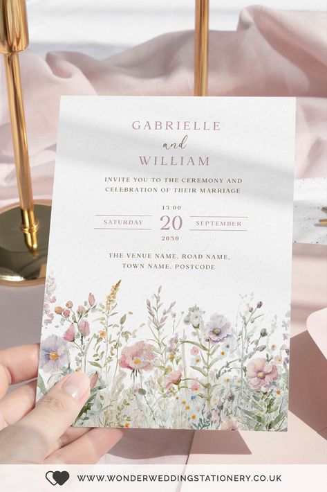 Dusty Pink Wildflower Wedding Invitations Safe The Date, Pastel Wedding Invitations, Garden Chic Wedding, Wildflower Wedding Invitations, Wedding Invitation Inspiration, Family Engagement, Wedding Invitation Card Design, Flower Wedding Invitation, Theme Color