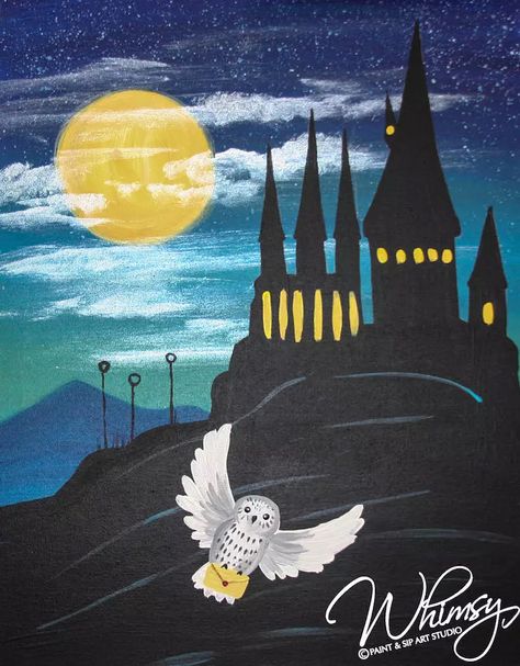 Harry Potter Painting Ideas Easy, Hogwarts Art Castle, Movie Paintings, Harry Potter Art Projects, Summer Camp Art, Harry Potter Cartoon, Harry Potter Painting, Kids Canvas Art, Harry Potter Kids