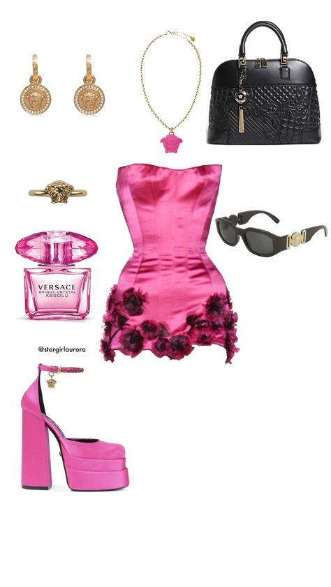 Hot Pink Classy Outfits, Pink Versace Outfit, Versace Style Outfit, Hot Pink Clothes Aesthetic, Versace Outfit Aesthetic, Hot Pink Outfit Ideas Party, Barbie Pink Dress Outfits, Pink Polyvore Outfits, Vercase Outfits