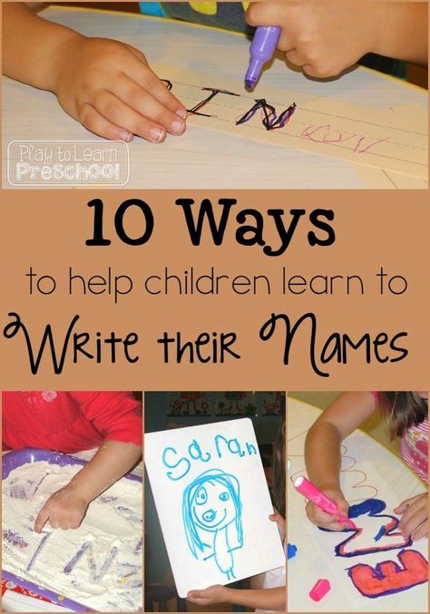 10 ways to help children learn to write their names from Play to Learn Preschool Preschool Names, Montessori Learning, Learn To Write, Name Activities, Preschool Writing, Preschool Literacy, Hand Writing, Kids Games, Play Based