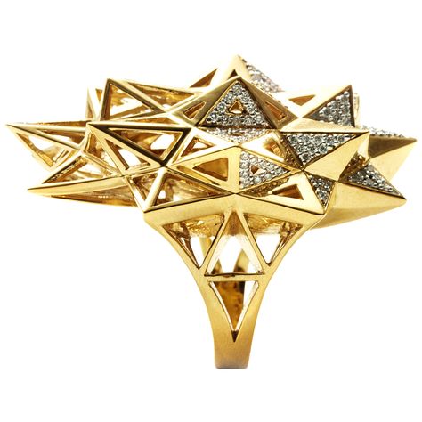 Stellated Star Diamond and 18K Gold Ring Euclidean Geometry, Diamond Gold Ring, Sacred Geometric, Yellow Gold Diamond Ring, Geometric Forms, Round Diamond Ring, Gold Statement Ring, Gold Cocktail Ring, Pave Diamond Ring