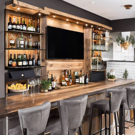 Man Cave Multiple Tvs, Home Bar With Tv And Shelves, Basement Bar Designs With Tv, At Home Whiskey Bar, Basement Bar With Tv In Middle, Small Room Bar Ideas, Under Bar Wall Ideas, Basement Bar Tv, Den With Bar