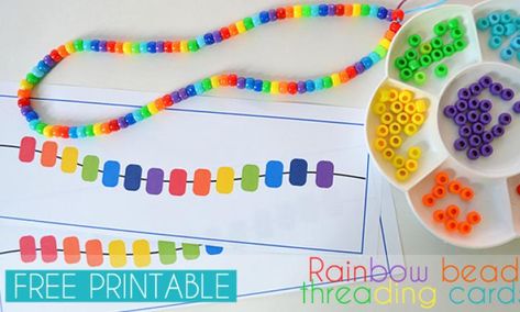 These bead threading cards are a great way to teach children about the colours of the rainbow. Bead threading cards are great for fine motor Patterning Activities, Bead Threading, Kindergarten Sensory, Math Patterns, Colours Of The Rainbow, Preschool Colors, Prek Math, Preschool Fine Motor, Montessori Math