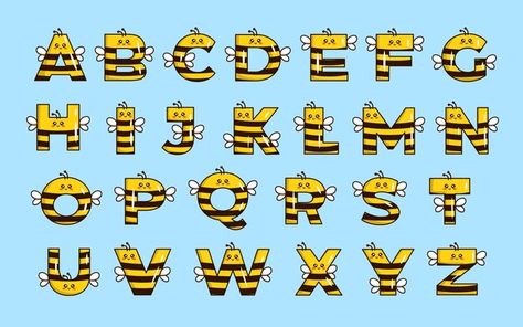 Cute bee alphabet animal font colorful l... | Premium Vector #Freepik #vector #alphabet-letter #cartoon-alphabet #kids-alphabet #cute-alphabet Bee Letters, Animal Font, Bee Themed Classroom, Read Letters, Homeschool Preschool Activities, English Teaching Resources, Kid Fonts, Oodles Of Doodles, Preschool Arts And Crafts