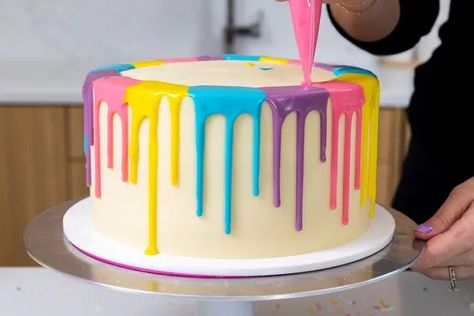 Peeps Drip Cake | Domino Sugar Drip Icing Cake, How To Make Drip Icing For Cakes, Cake Dripping Icing, Candy Drip Cake, Peeps Cake, Marshmallow Candy, Checkerboard Cake, Cake Easter, Colorful Cake