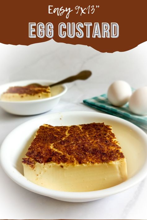 Two small bowls with egg custard and eggs in background Egg Custard Cups, Egg Custard Pudding Recipe, How To Make Egg Custard, Whole Egg Custard, Duck Egg Custard, Baked Egg Custard Recipe, Amish Baked Custard Recipe, Baked Custard Recipe Simple, Keto Egg Custard Recipe