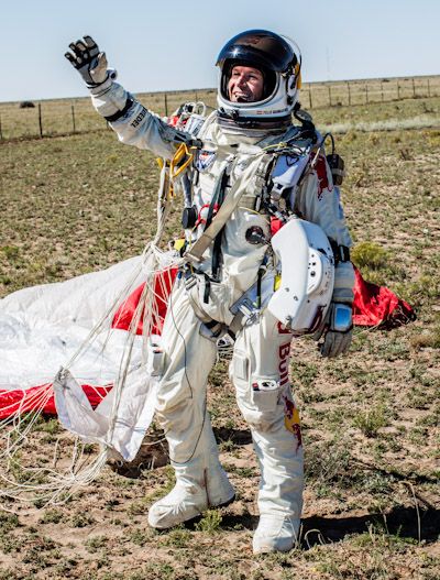 Felix Baumgartner completes his mission of jumping from space capsule Felix Baumgartner, Speed Of Sound, Female Pilot, High Jump, Space Suit, Skydiving, Space Shuttle, Creativity And Innovation, Space Travel