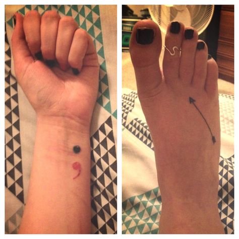 Semi-colon: The decision to continue instead of ending. Arrow pointing to the left: Sign of protection specifically warding off evil spirits. Warding Off Evil Spirits, Semi Colon, Arrow Point, Evil Spirits, Fish Tattoos, Jesus Fish Tattoo, Tattoos