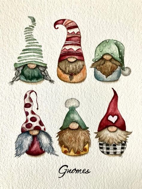 Watercolor Christmas Knomes, Watercolour Gnomes, Cotton Wreaths, Painted Gnomes, Xmas Watercolor, Christmas Knomes, Winter Graphics, Watercolor Christmas Cards Diy, Flowers House