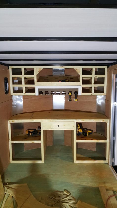 Diy Enclosed Trailer Storage, Work Trailer Shelving Ideas, Trailer Workshop Ideas, Trailer Storage Ideas Construction, Enclosed Work Trailer Organization Ideas, Carpenter Trailer Setup, Mobile Workshop Trailer, Enclosed Trailer Organization Ideas, Cargo Trailer Workshop