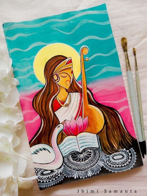 Saraswati Maa Abstract Painting, Saraswati Art Paintings, Drawing For Saraswati Puja, Modern Art For Beginners, Saraswati Devi Drawing Easy, Saraswati Devi Painting On Canvas, Saraswati Goddess Mandala Art, Devi Saraswati Drawing, Saraswati Acrylic Painting